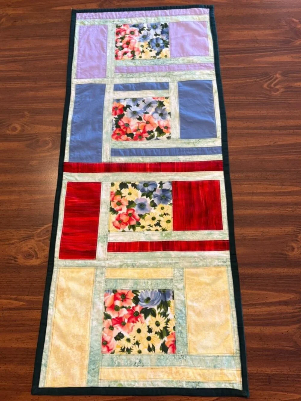 Handmade Vibrant Floral Table Runner, Log Cabin Cottagecore Patchwork Design